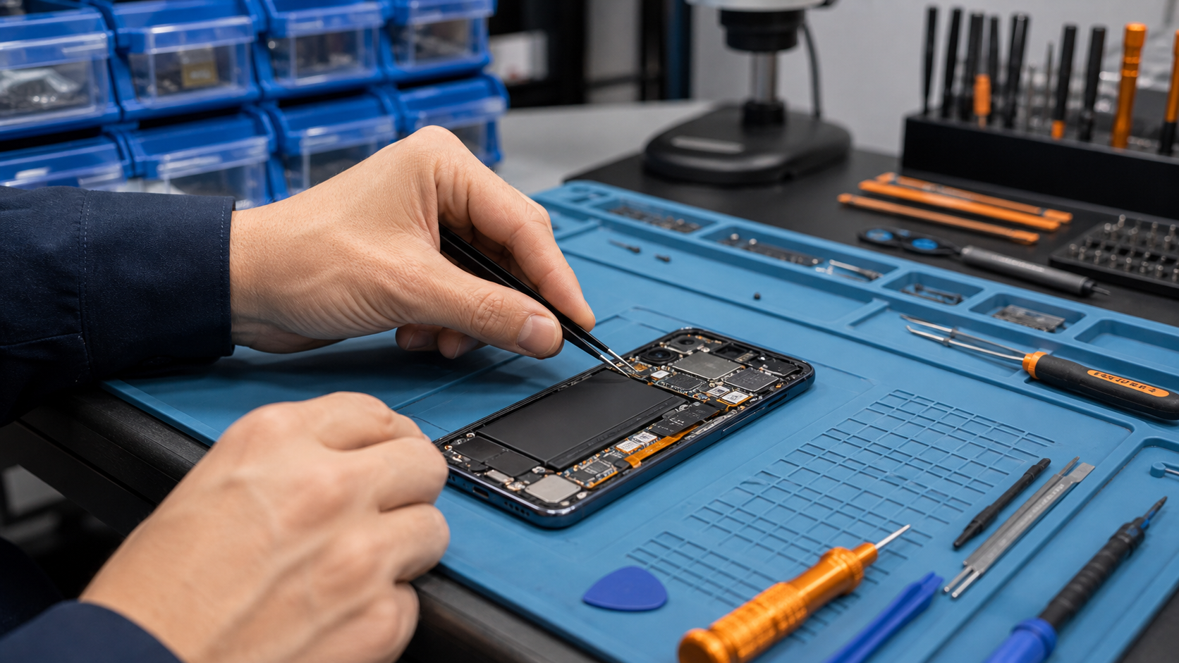 Android smartphone wordt gecontroleerd met precisiegereedschap.