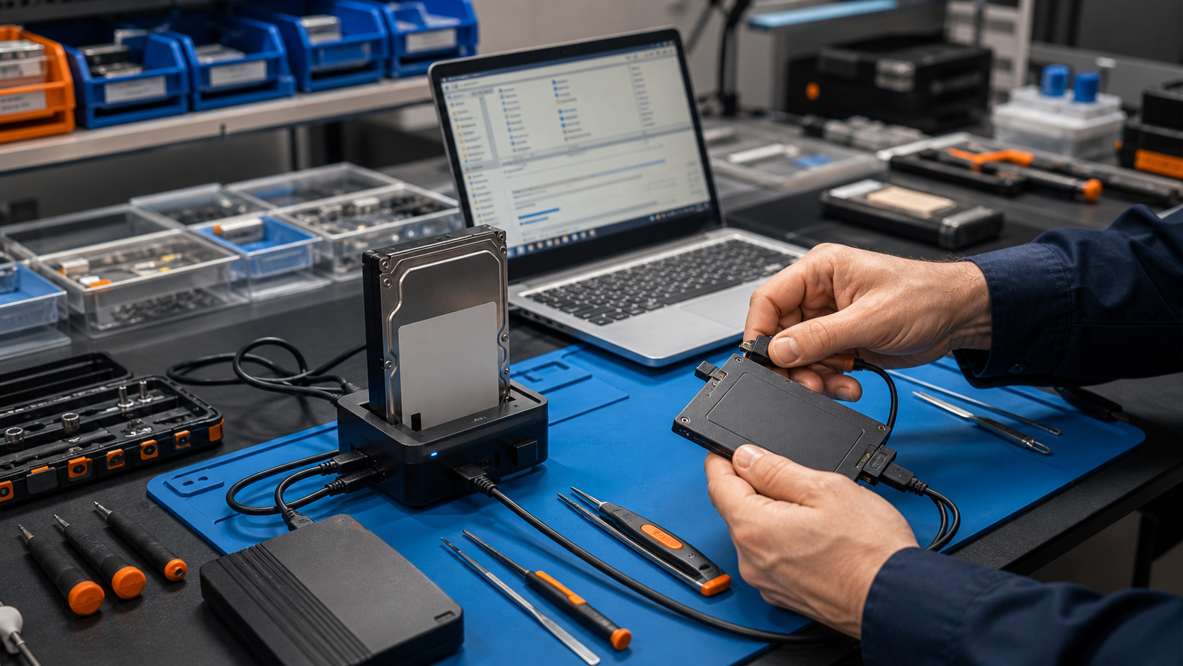 Opslagschijf en laptop worden gecontroleerd voor dataherstel.