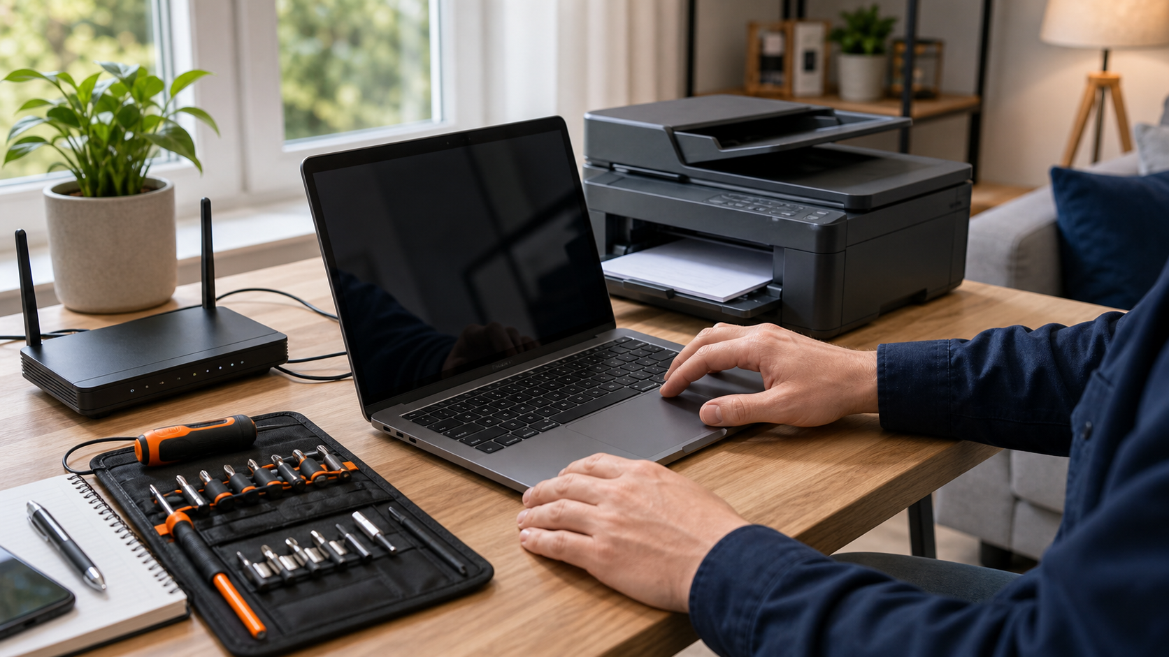 Technicus helpt met laptop en netwerkapparatuur aan huis.