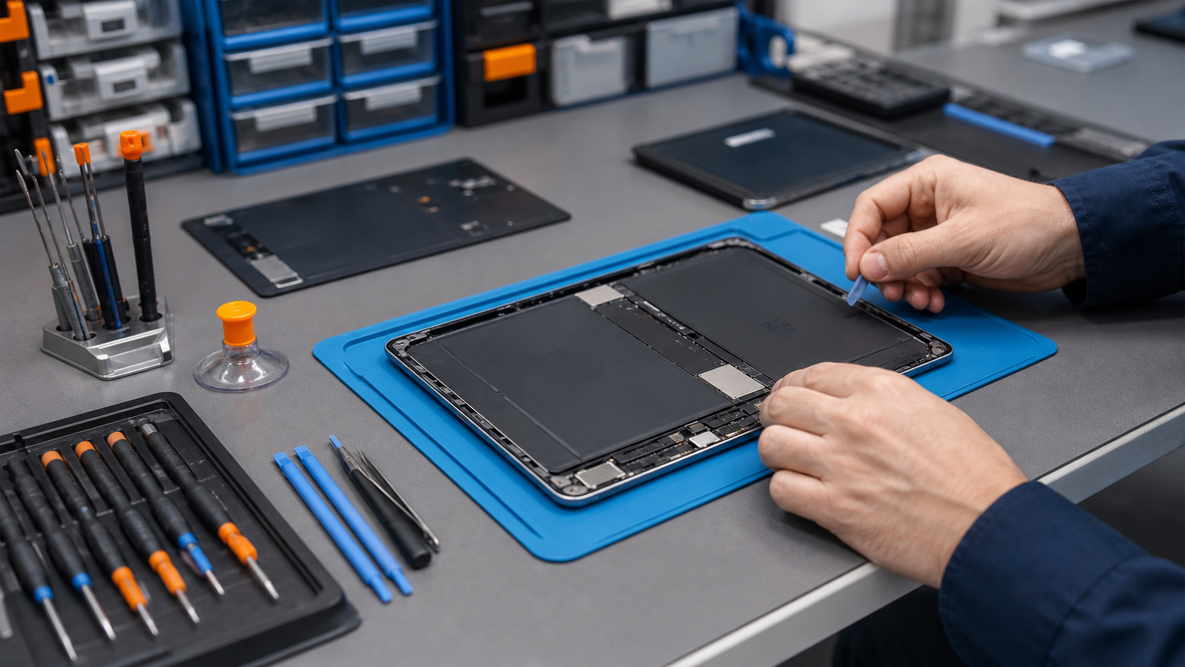 Tablet ligt op een reparatiemat met kleine gereedschappen en onderdelen.