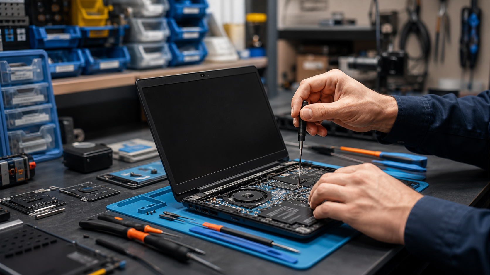 Technicus repareert een geopende laptop op een nette reparatiewerkbank.
