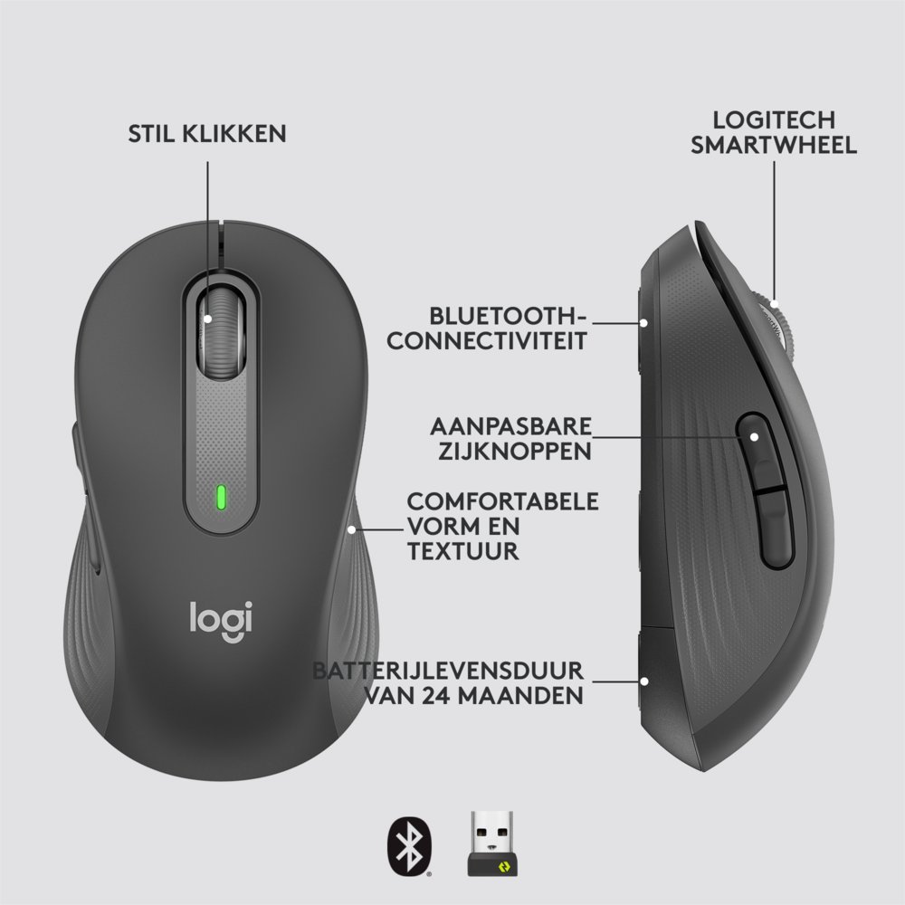 Logitech Signature M650 | Draadloze Muis | RF-Draadloos + Bluetooth | 1000 DPI | Grafiet - Afbeelding 12