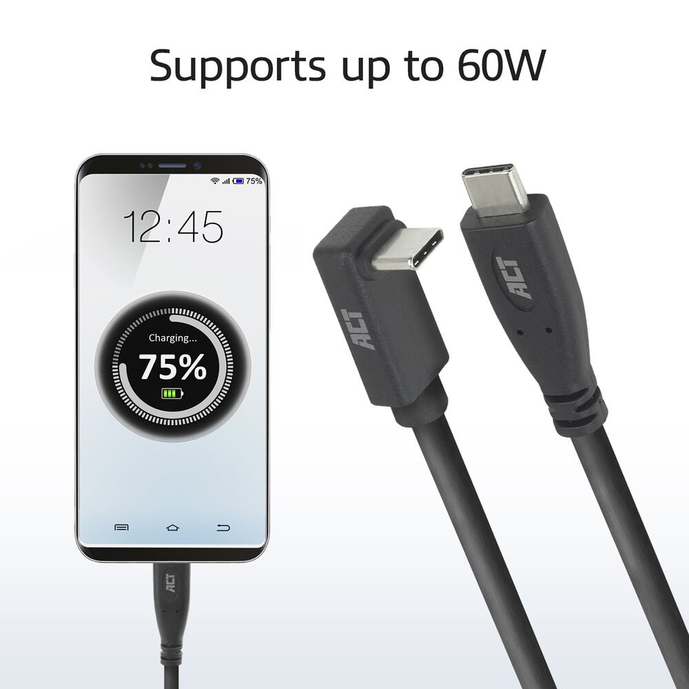 ACT AC7472 | USB 3.2 Gen 2 Kabel | USB-C (recht) naar USB-C (haaks boven/beneden) | 60W | 10Gbps | 2m | Zwart - Afbeelding 4