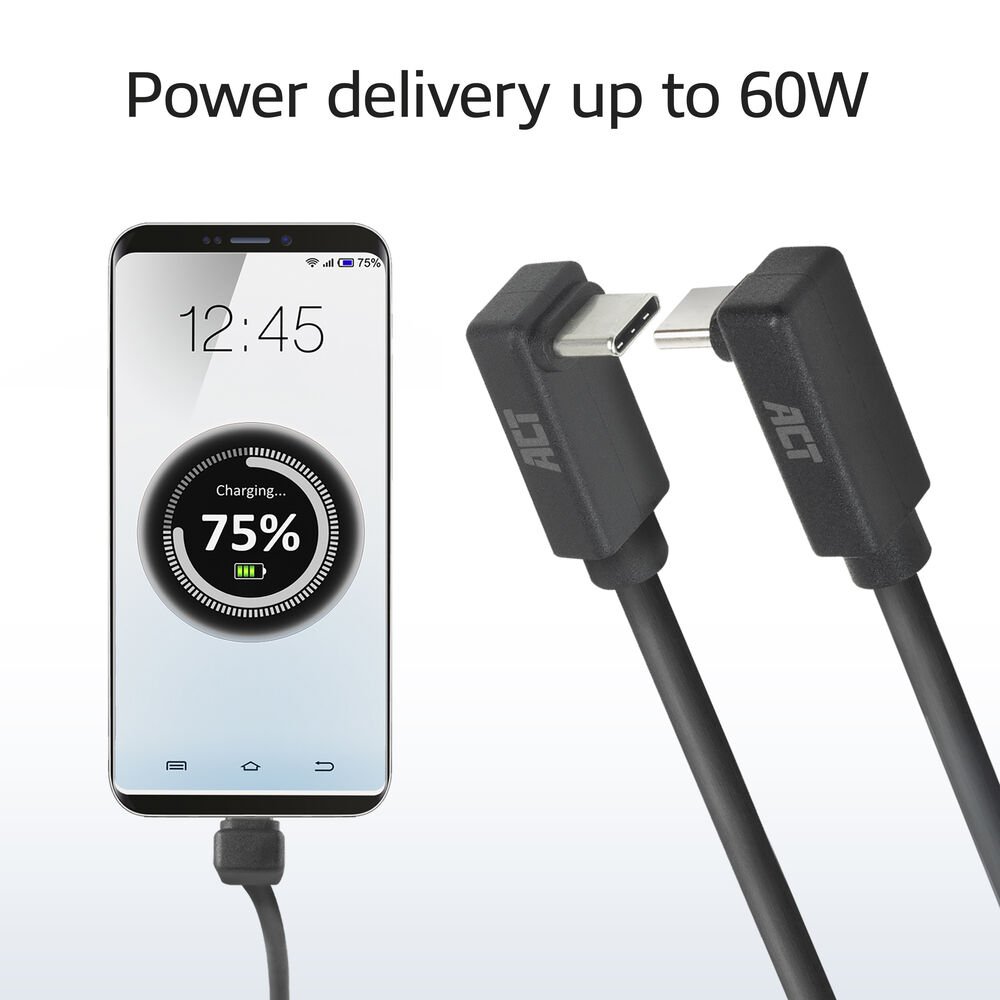 ACT AC7478 | USB 3.2 Gen 2 Kabel | USB-C (haaks boven/beneden) naar USB-C (haaks boven/beneden) | 60W | 10Gbps | 2m | Zwart - Afbeelding 4