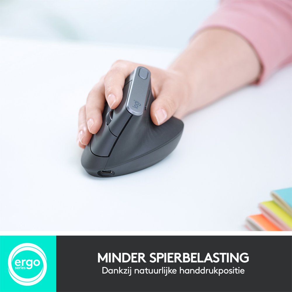 Logitech MX Vertical | Draadloze Ergonomische Muis | Rechtshandig | RF + Bluetooth + USB-C | 4000 DPI suggestie | Grafiet - Afbeelding 3