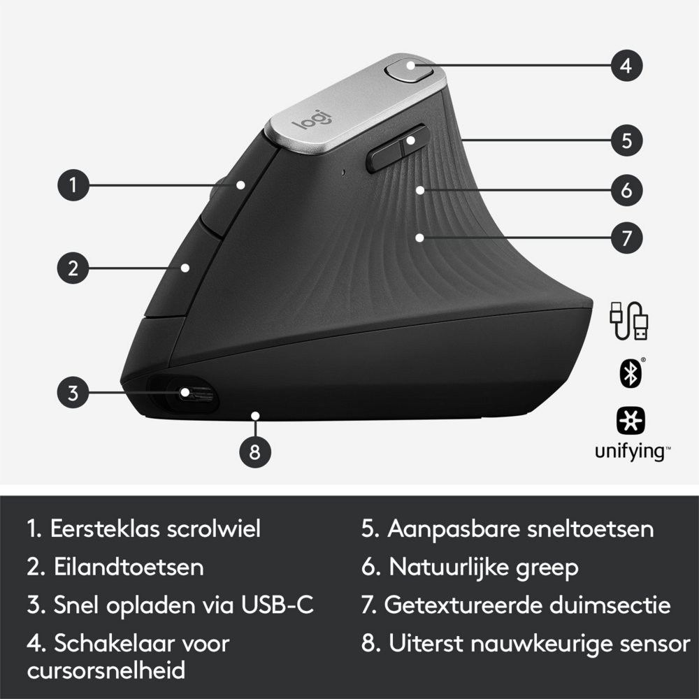 Logitech MX Vertical | Draadloze Ergonomische Muis | Rechtshandig | RF + Bluetooth + USB-C | 4000 DPI suggestie | Grafiet - Afbeelding 7