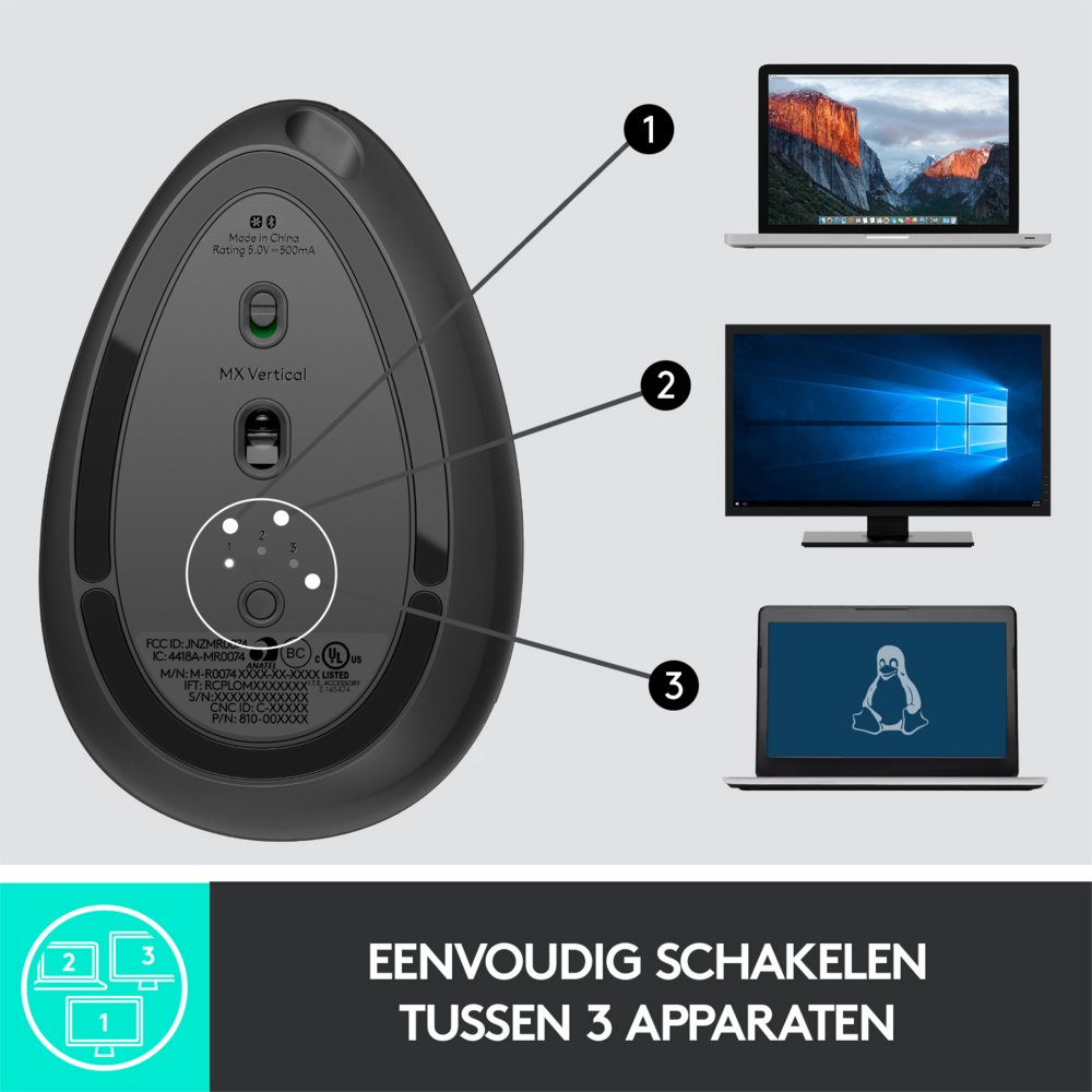 Logitech MX Vertical | Draadloze Ergonomische Muis | Rechtshandig | RF + Bluetooth + USB-C | 4000 DPI suggestie | Grafiet - Afbeelding 9