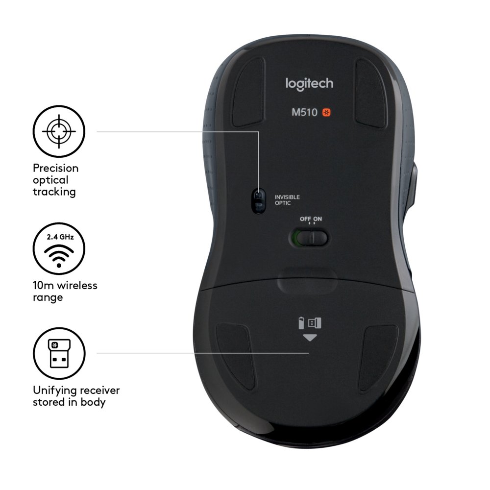 Logitech M510 | Draadloze Muis | Links- en Rechtshandig | RF | 1000 DPI | Zwart | Returned - Afbeelding 7