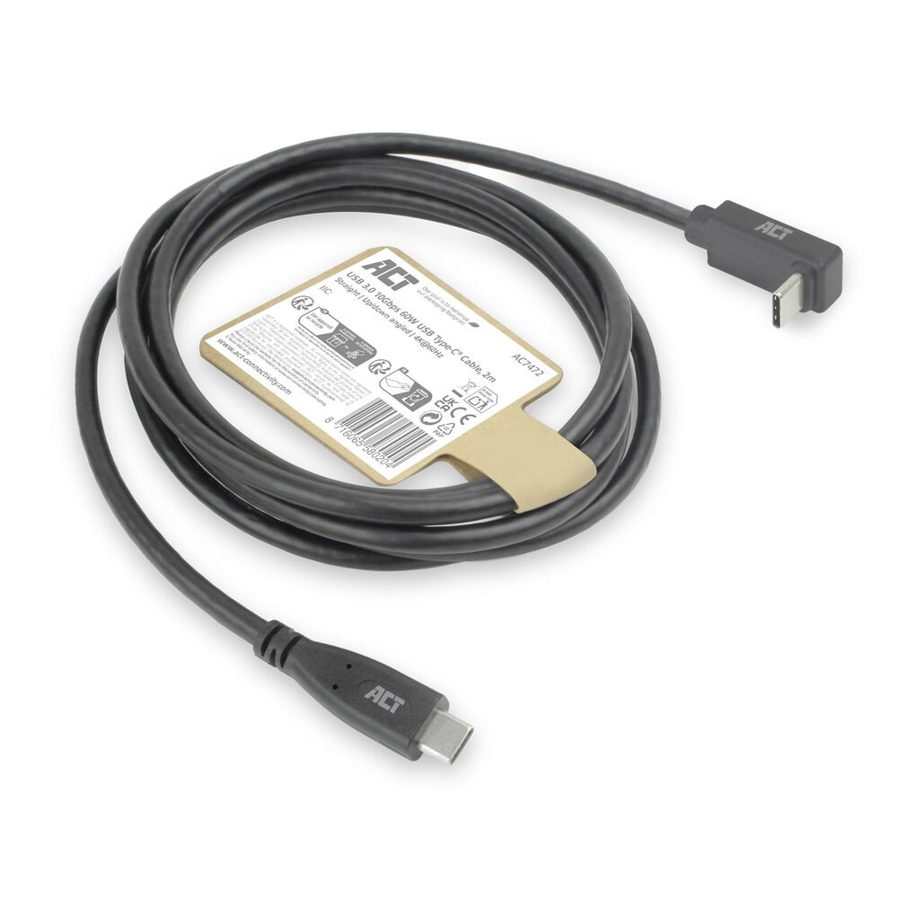 ACT AC7472 | USB 3.2 Gen 2 Kabel | USB-C (recht) naar USB-C (haaks boven/beneden) | 60W | 10Gbps | 2m | Zwart - Afbeelding 8