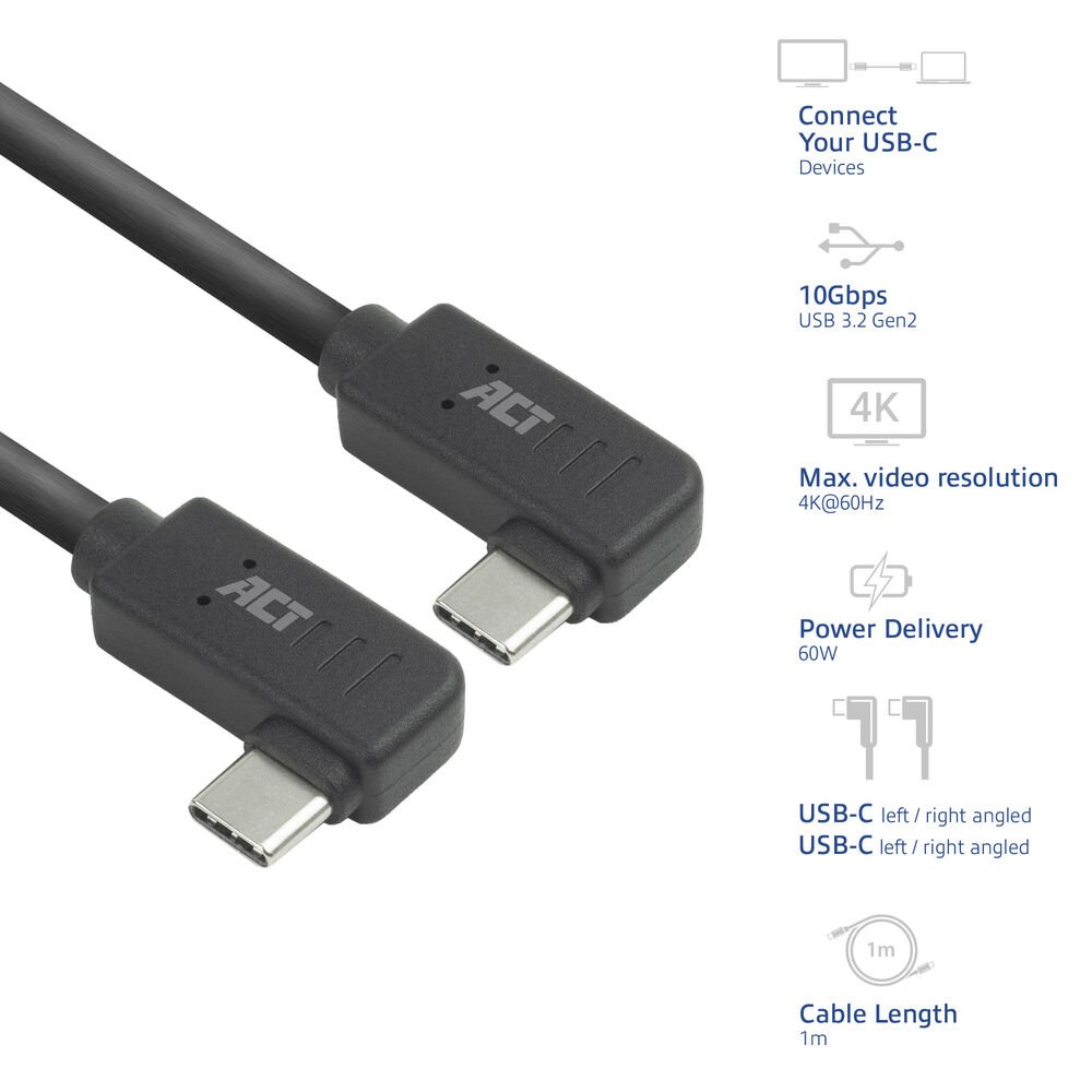 ACT AC7487 | USB 3.2 Gen 2 Kabel | USB-C (haaks links/rechts) naar USB-C (haaks links/rechts) | 60W | 10Gbps | 1m | Zwart - Afbeelding 7