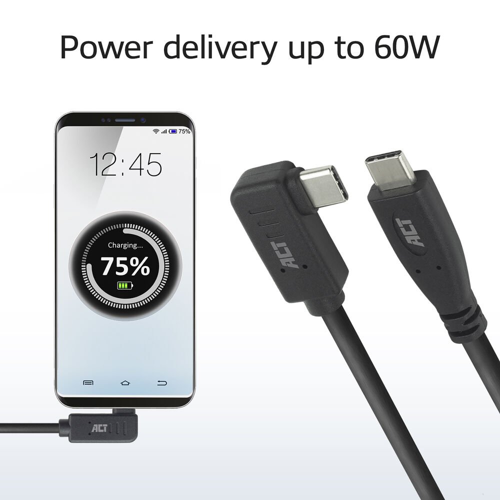 ACT AC7408 | USB 3.2 Gen 2 Kabel | USB-C (recht) naar USB-C (haaks links/rechts) | 60W | 10Gbps | 3m | Zwart - Afbeelding 4