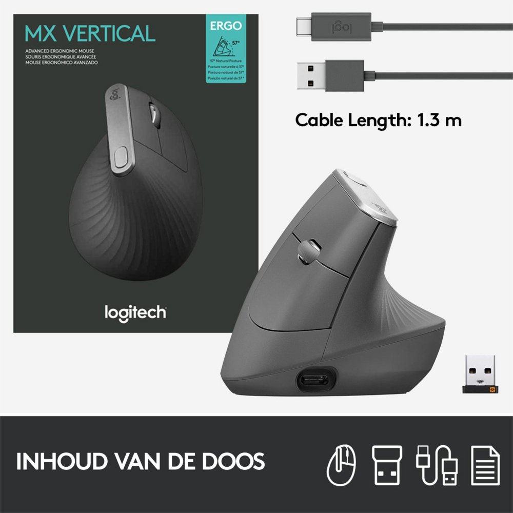 Logitech MX Vertical | Draadloze Ergonomische Muis | Rechtshandig | RF + Bluetooth + USB-C | 4000 DPI suggestie | Grafiet - Afbeelding 10