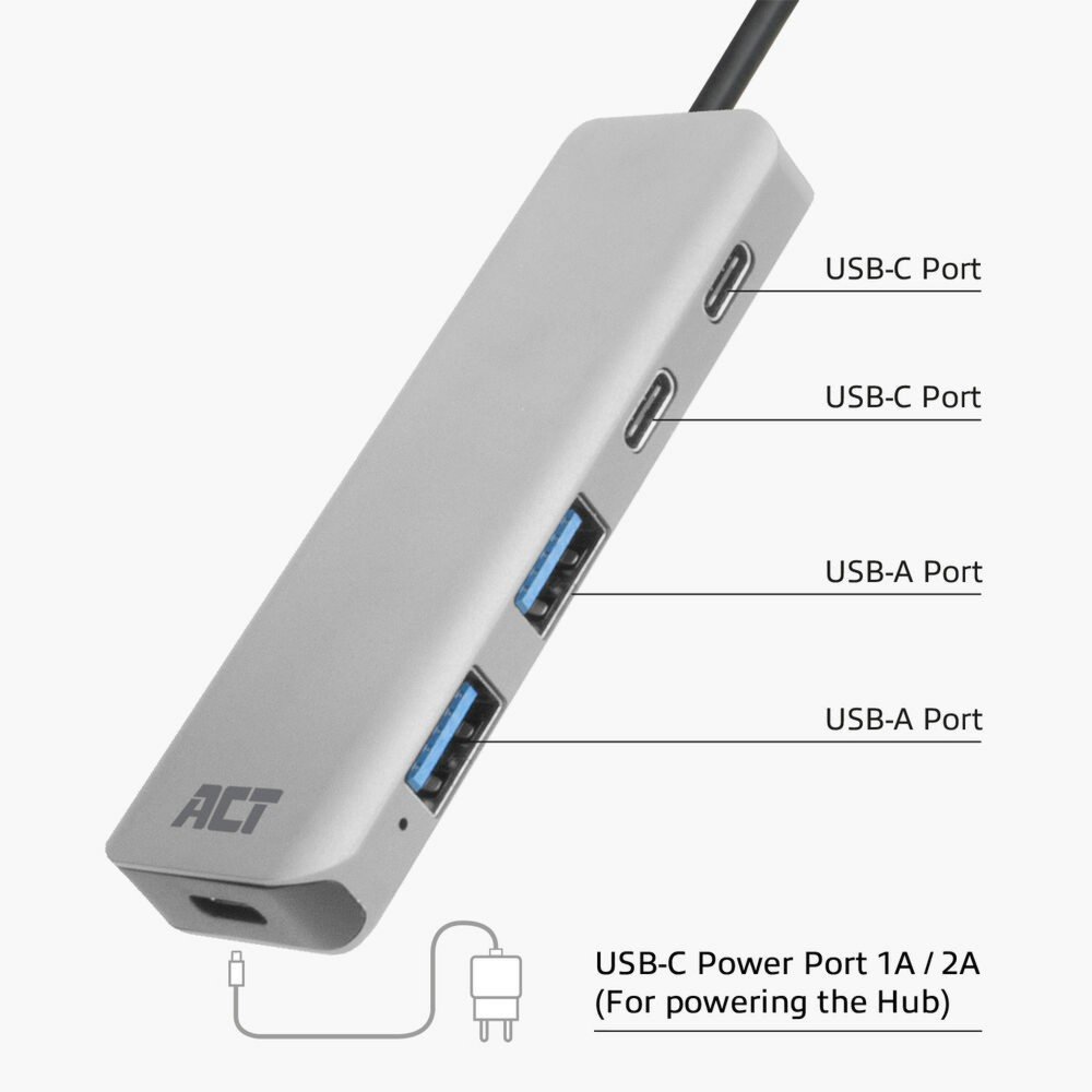 ACT AC7072 USB-C Hub 3.0 | 2x USB-A & 2x USB-C Poorten | 5 Gbps | Aluminium Behuizing | 12 cm Kabel - Afbeelding 4