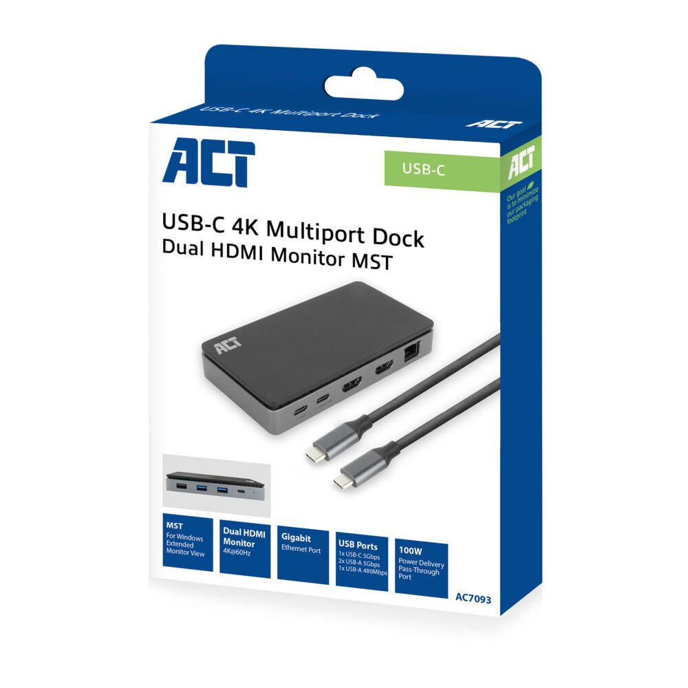 ACT AC7093 | USB-C 4K Docking Station | 2x HDMI + Ethernet + USB-C/USB-A + PD | 1m Kabel - Afbeelding 4