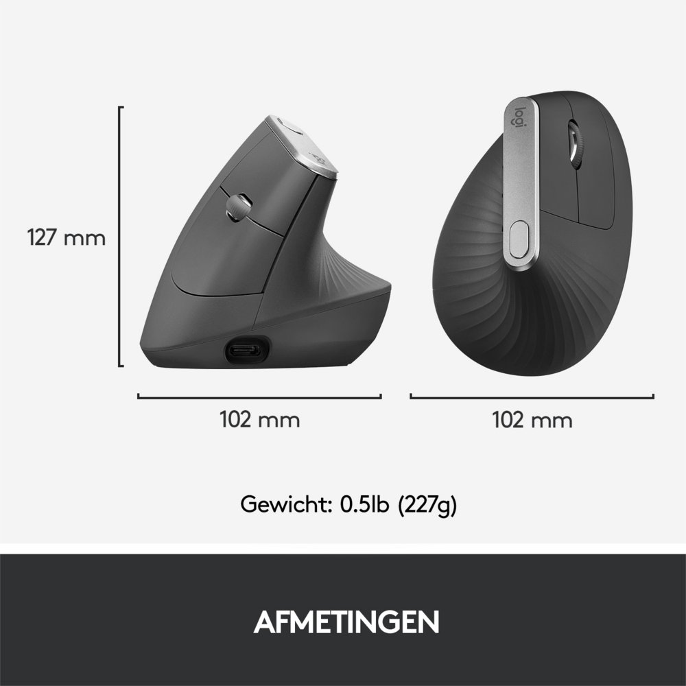 Logitech MX Vertical | Draadloze Ergonomische Muis | Rechtshandig | RF + Bluetooth + USB-C | 4000 DPI suggestie | Grafiet - Afbeelding 8
