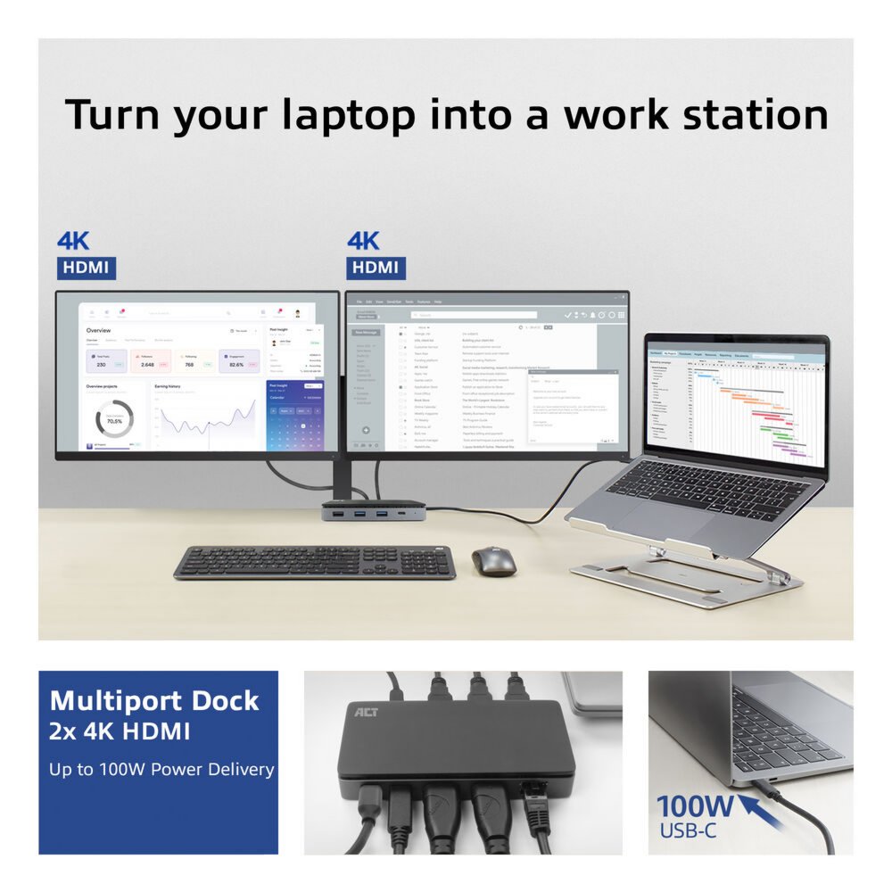 ACT AC7093 | USB-C 4K Docking Station | 2x HDMI + Ethernet + USB-C/USB-A + PD | 1m Kabel - Afbeelding 11