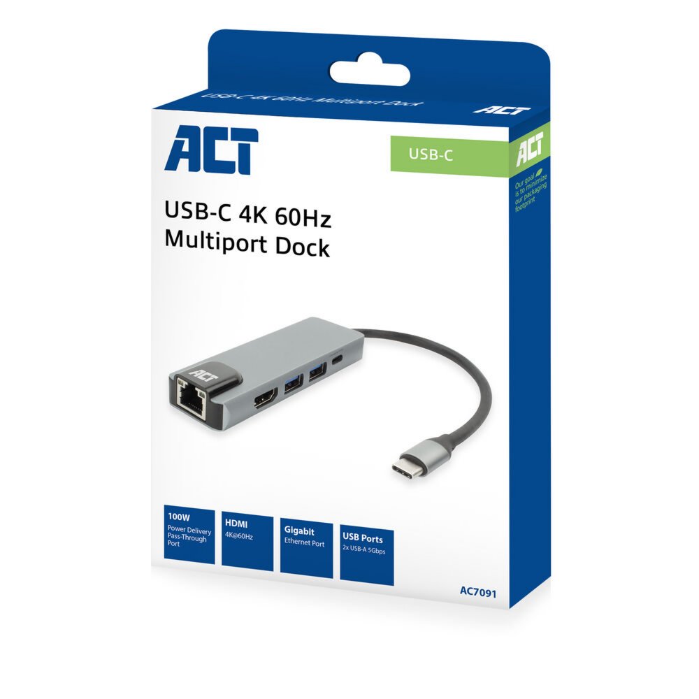 ACT AC7091 | USB-C 4K Docking Station | HDMI 2.0 (4K@60 Hz) + Gigabit Ethernet + 2× USB-A + USB-C PD Pass-Through | Aluminium | Grijs/Zilver - Afbeelding 4