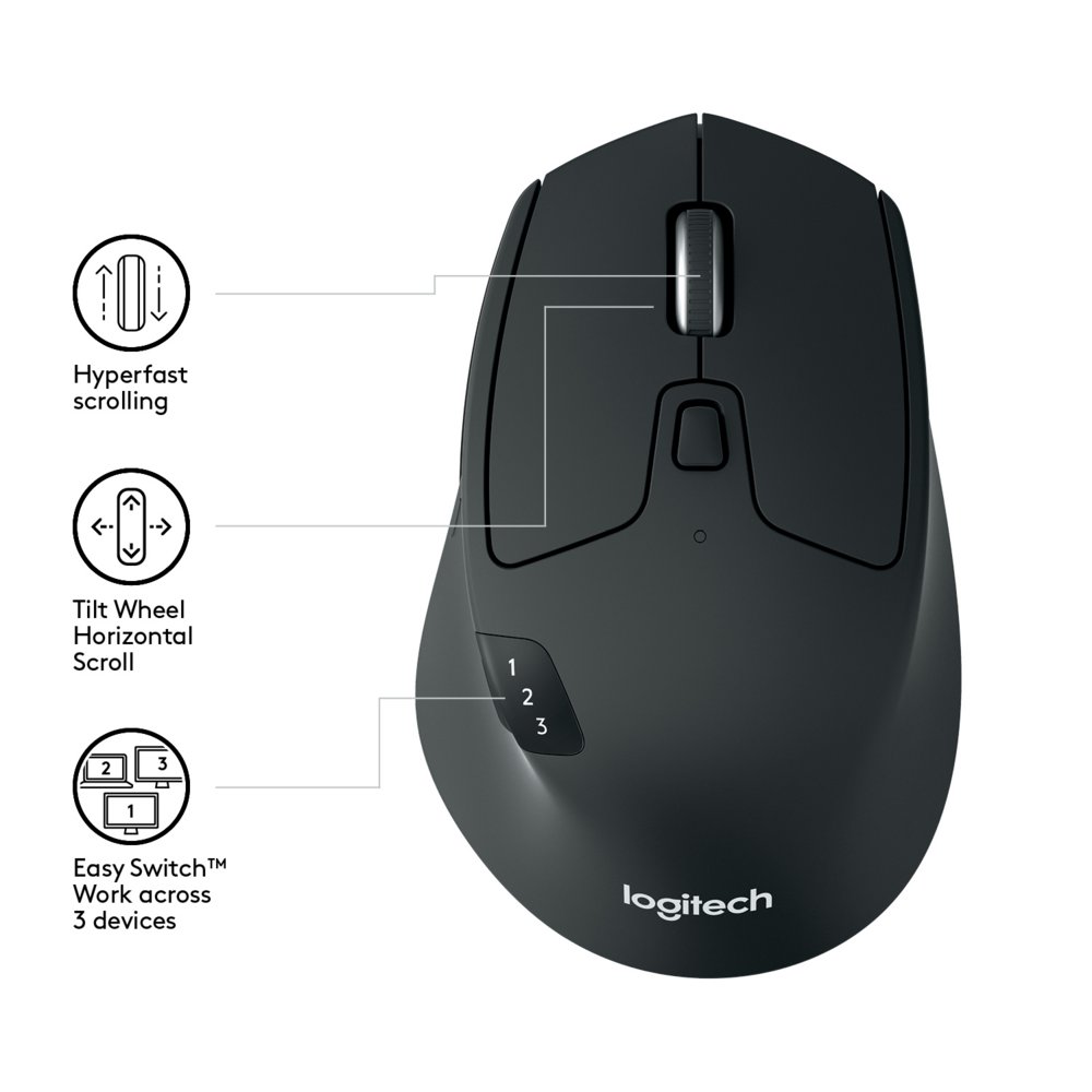 Logitech M720 Triathlon | Draadloze Muis | Rechtshandig | RF + Bluetooth | 1000 DPI | Zwart - Afbeelding 4