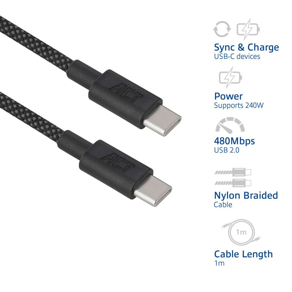 ACT AC3086 | USB 2.0 Kabel | USB-C naar USB-C | 240W | 480Mbps | Zwart | 1 Meter - Afbeelding 7