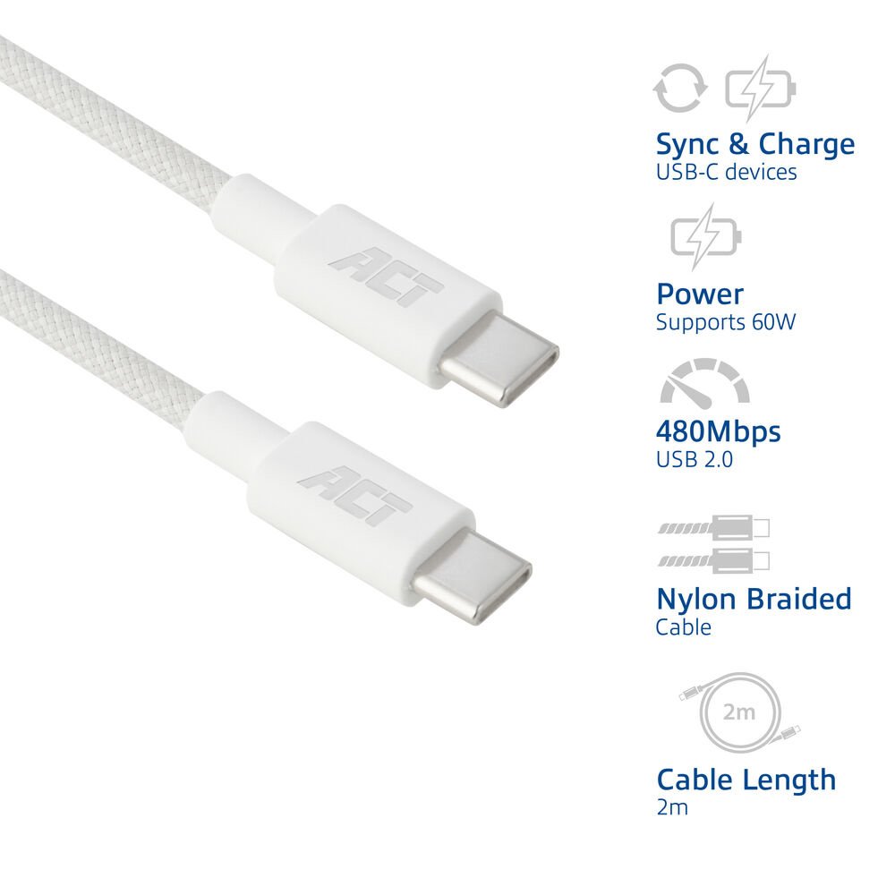 ACT AC3081 | USB 2.0 Kabel | USB-C naar USB-C | 60W | 480Mbps | Wit | 2 Meter - Afbeelding 6