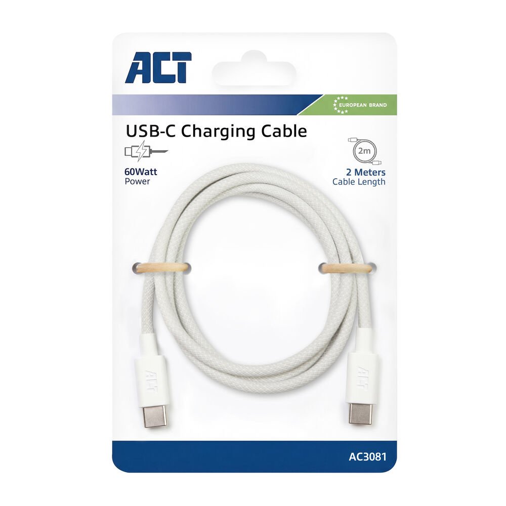 ACT AC3081 | USB 2.0 Kabel | USB-C naar USB-C | 60W | 480Mbps | Wit | 2 Meter - Afbeelding 3
