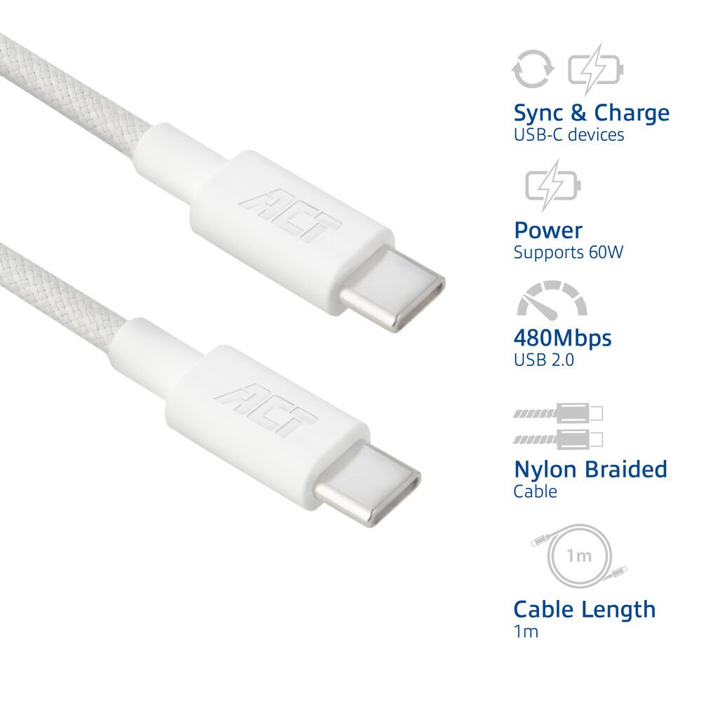 ACT AC3080 | USB 2.0 Kabel | USB-C naar USB-C | 60W | 480Mbps | Wit | 1 Meter - Afbeelding 6