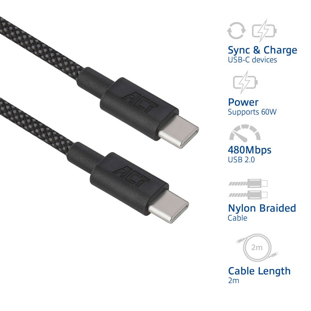 ACT AC3083 | USB 2.0 Kabel | USB-C naar USB-C | 60W | 480Mbps | Zwart | 2 Meter - Afbeelding 6