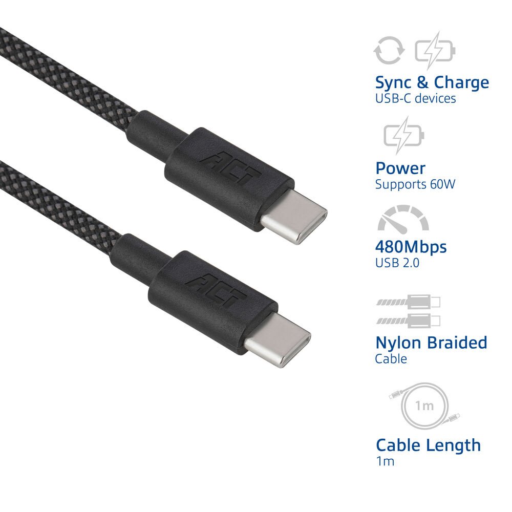 ACT AC3082 | USB 2.0 Kabel | USB-C naar USB-C | 60W | 480Mbps | Zwart | 1 Meter - Afbeelding 6