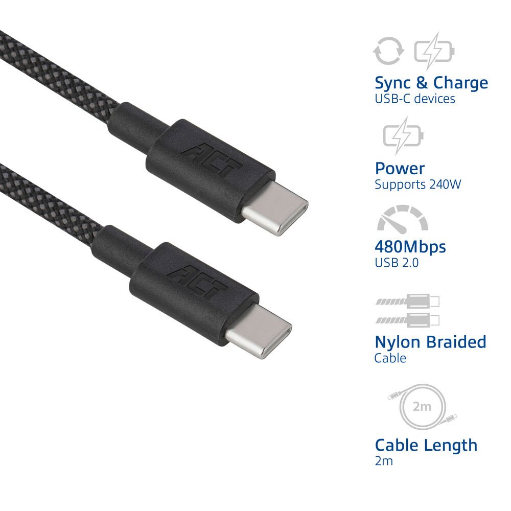 ACT AC3087 | USB 2.0 Kabel | USB-C naar USB-C | 240W | 480Mbps | Zwart | 2 Meter - Afbeelding 7
