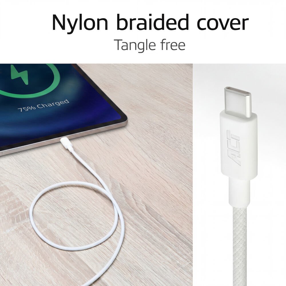 ACT AC3081 | USB 2.0 Kabel | USB-C naar USB-C | 60W | 480Mbps | Wit | 2 Meter - Afbeelding 4